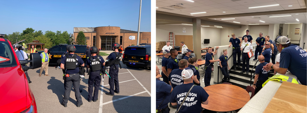 photos of law enforcement and first responders performing a safety drill at school